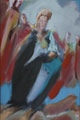 Ecke Karl-Marx 7, wartende Frau an einer Kreuzung, gemalt mit Ölfarben